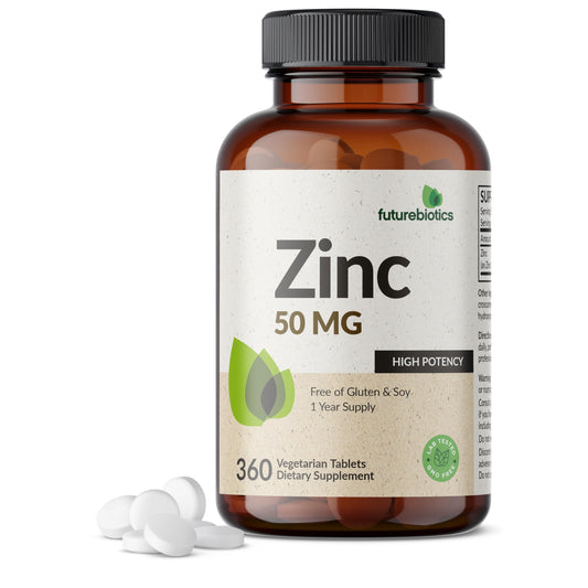 Futurebiotics Zinc 50 mg, vista frontal de la tableta para bienestar diario