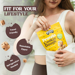 Comparación de tamaño FUUL Cookie Dough junto a una mano para referencia práctica