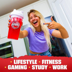 G Fuel en entorno gamer con teclado, potencia energía y concentración