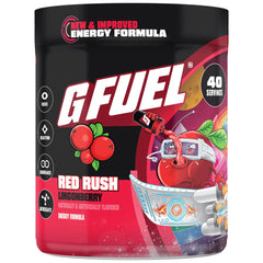 G Fuel frasco Red Rush frente mostrando diseño y beneficio energético