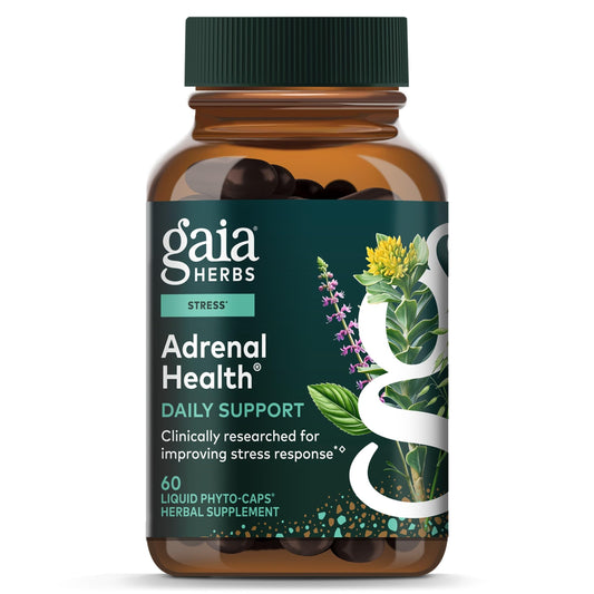 Gaia Herbs frasco frontal mostrando fórmula para energía y estrés