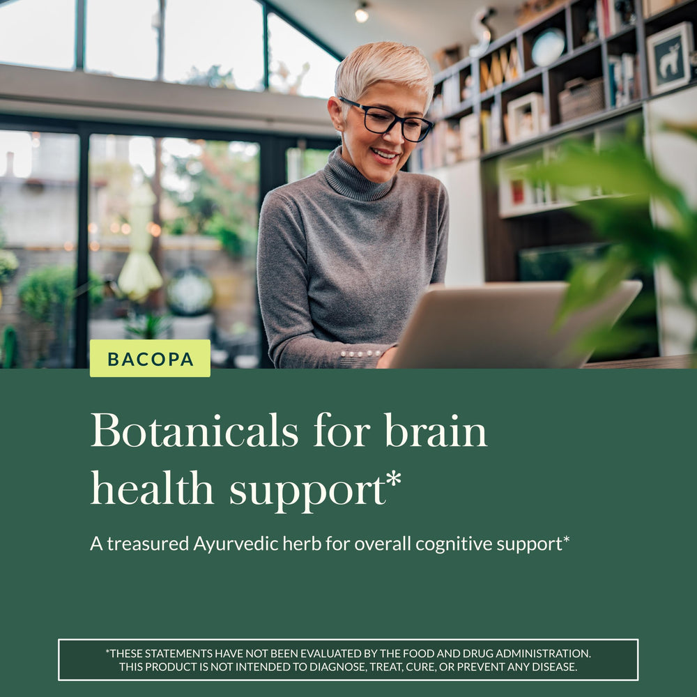 Botella Gaia Herbs Bacopa abierta con cápsulas visibles, uso diario práctico