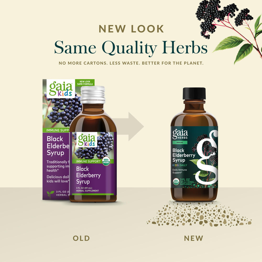 Gaia Herbs frasco junto a saúco y miel, evidencia de ingredientes naturales y origen orgánico