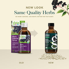 Gaia Herbs frasco junto a saúco y miel, evidencia de ingredientes naturales y origen orgánico