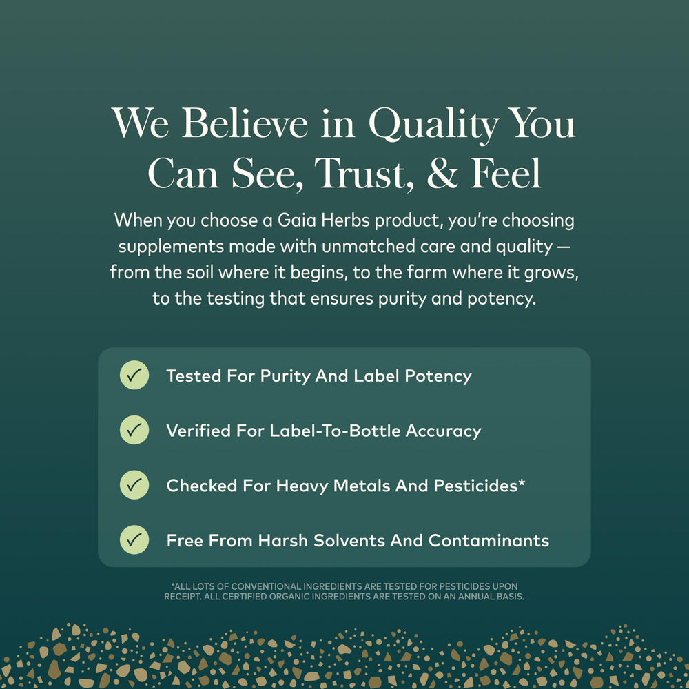 Gaia Herbs etiqueta con sellos USDA Organic y Non-GMO Project para confianza en calidad