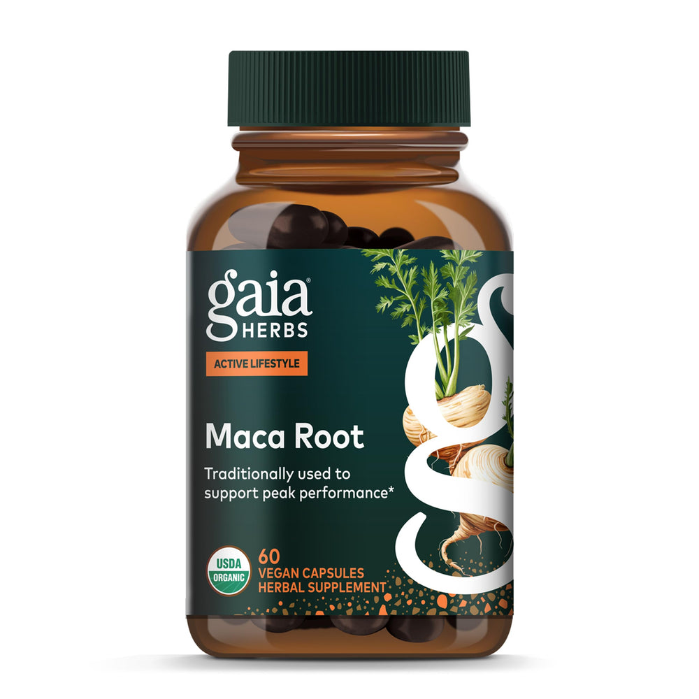 Gaia Herbs frontal del envase mostrando diseño y beneficio de energía natural