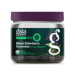 Gaia Herbs frasco frontal de gomitas Elderberry mostrando etiqueta y beneficio orgánico