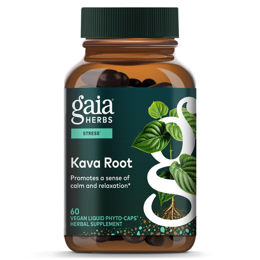 Gaia Herbs frasco frontal mostrando etiqueta clara y beneficio de calma