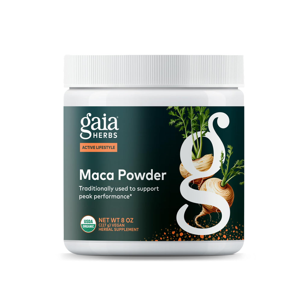 Gaia Herbs envase frontal de maca gelatinizada con información clara