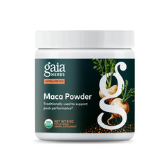 Gaia Herbs envase frontal de maca gelatinizada con información clara