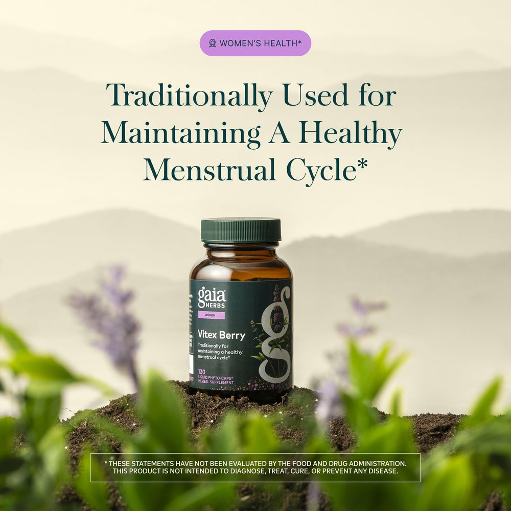 Cápsulas Gaia Herbs Vitex Berry en primer plano, fácil ingestión