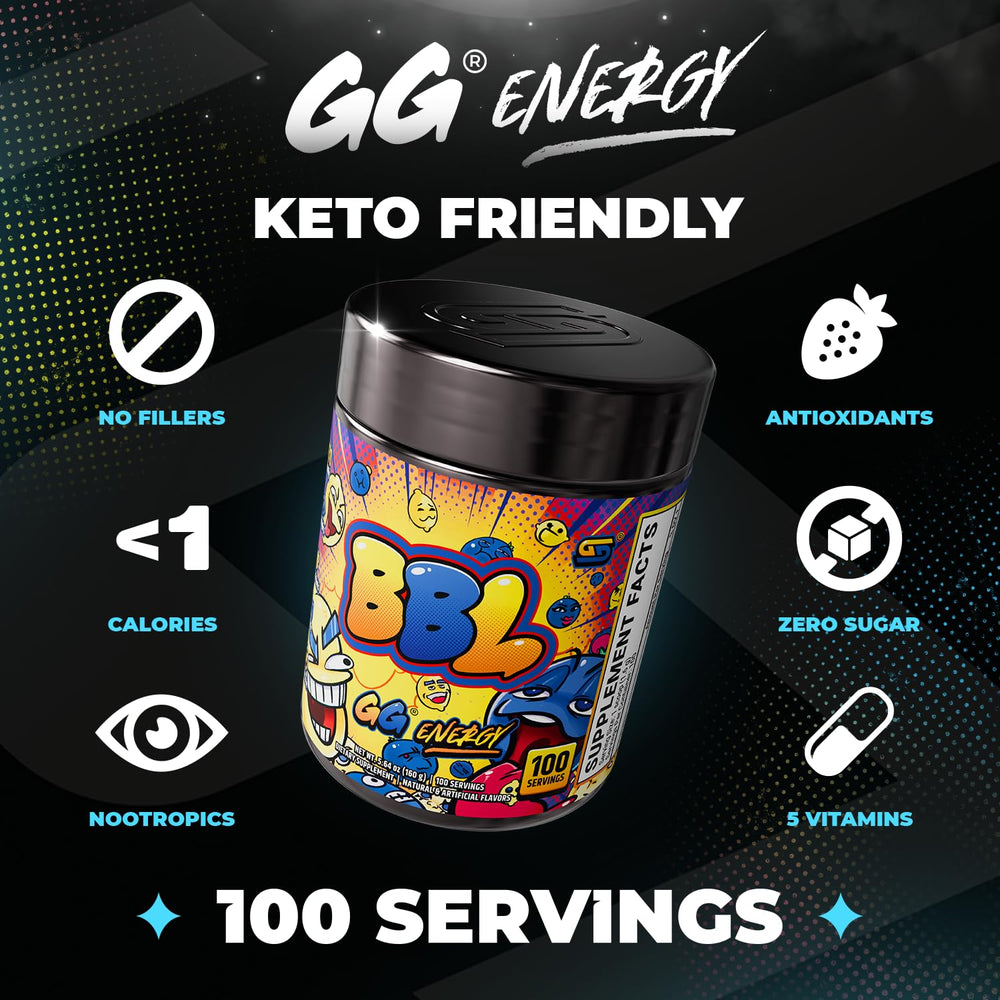 Gamer Supps polvo de GG Energy azul cercano que revela la textura fina y mezcla fácil al disolverse