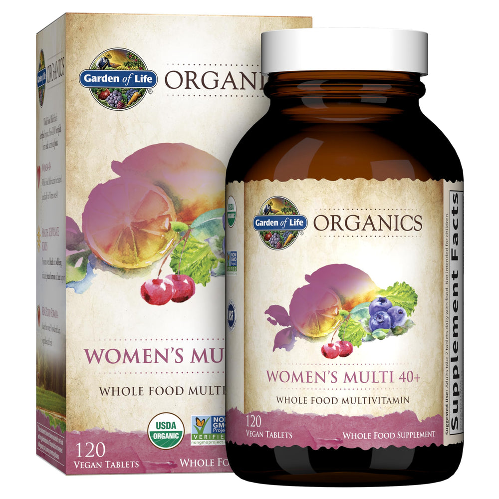 Garden of Life botella frontal mostrando etiqueta orgánica y beneficio de confianza