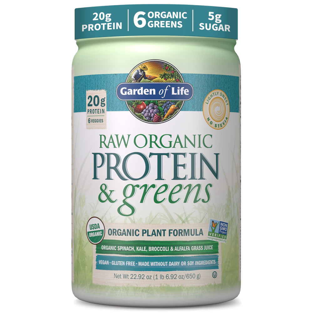 Garden of Life envase frontal RAW Protein & Greens mostrando diseño y tamaño útil