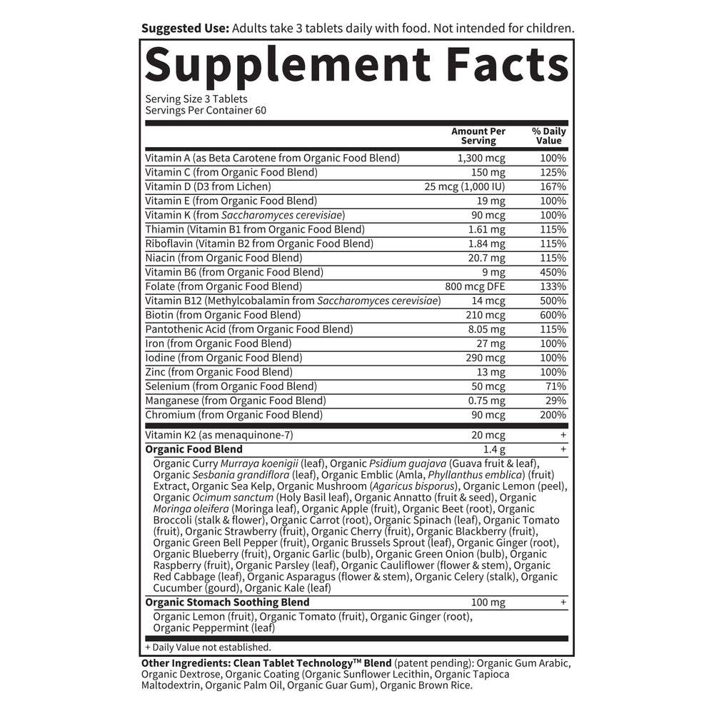 Garden of Life etiqueta nutricional destacando folato, D3 y hierro clave