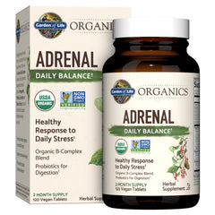 Garden of Life frasco frontal de Adrenal Daily Balance mostrando el envase y certificaciones