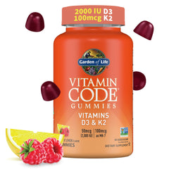 Garden of Life frasco frontal de Vitamin Code D3 y K2 mostrando el envase y beneficios