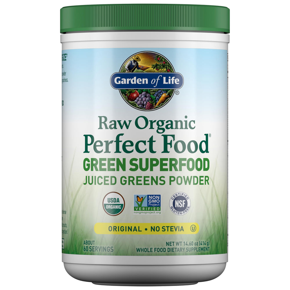 Garden of Life frasco frontal mostrando el envase y beneficios