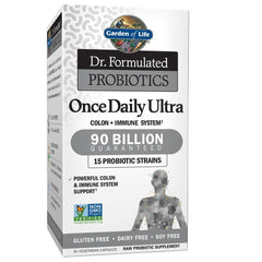 Garden of Life envase frontal Once Daily Ultra mostrando 90 mil millones para confianza