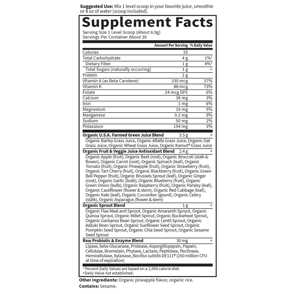Garden of Life ingredientes crudos y brotes, fuente de vitaminas