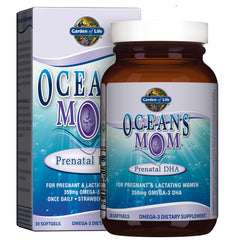 Garden of Life empaque frontal mostrando nombre y sabor fresa y beneficio prenatal