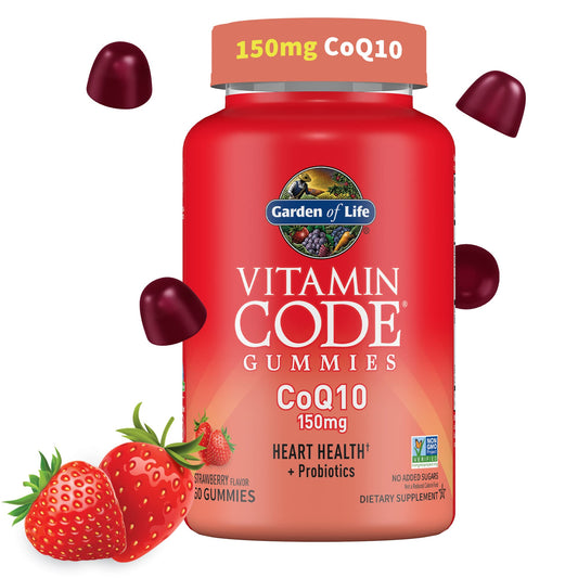 Garden of Life Vitamin Code CoQ10 Gummies bottle with strawberry flavor for heart support.