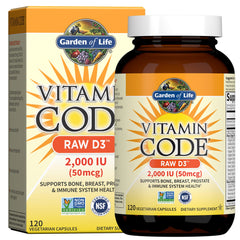 Garden of Life frasco frontal de Vitamin Code RAW D3 mostrando etiquetas claras y beneficios