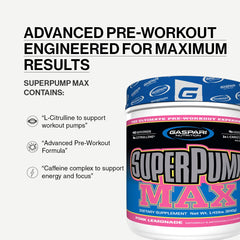 Empaque lateral de Gaspari SuperPump MAX con información de ingredientes y respaldo científico