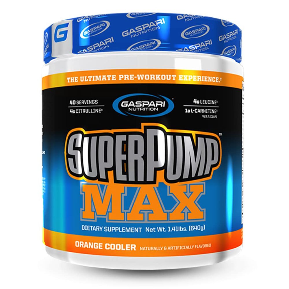 Gaspari SuperPump MAX vista frontal con etiqueta clara y beneficio de energía sostenida