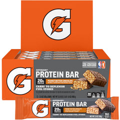 Gatorade empaque frontal mostrando barras Peanut Butter Chocolate y beneficios