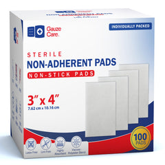Gauze Care empaque frontal mostrando 100 unidades y almacenamiento ordenado