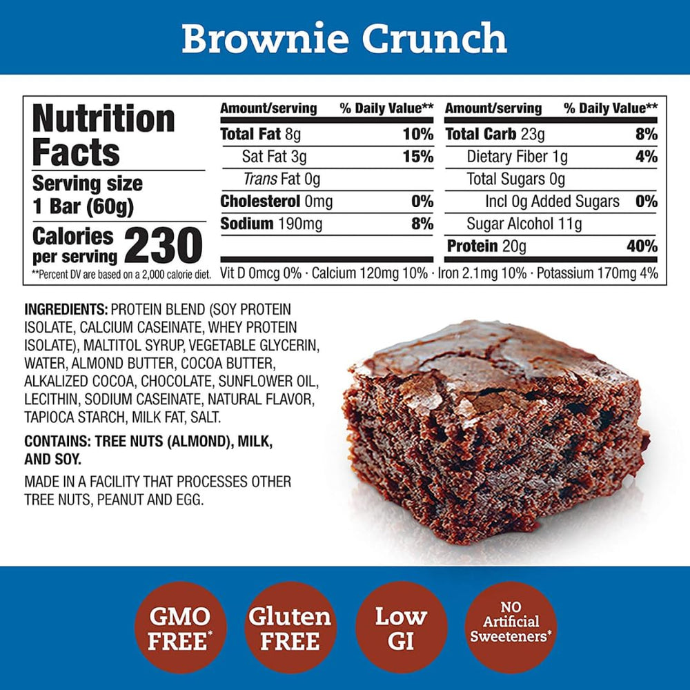 Barra Genérica Proteína Brownie Crunch en envase de 60 g para viaje.