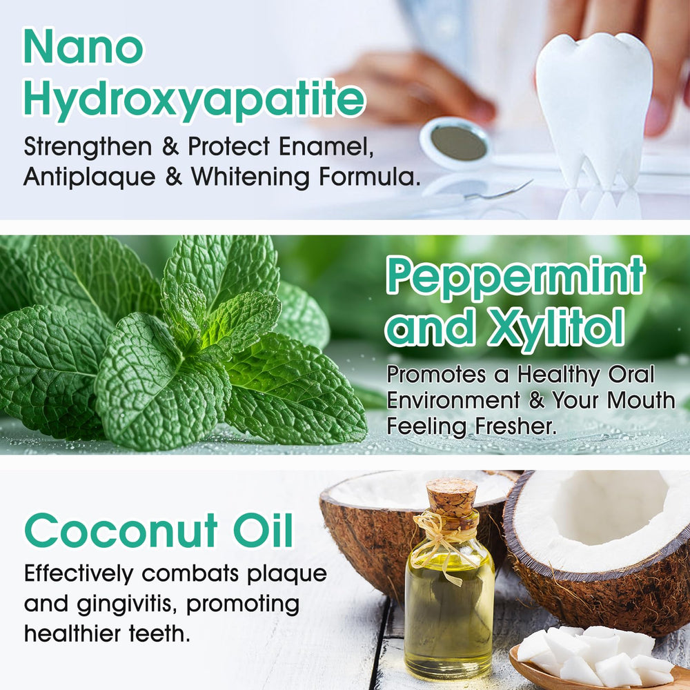 Generic etiqueta con ingredientes y nano hidroxiapatita destacada, transparencia formulación