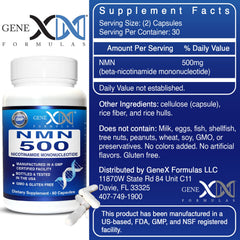 Genex Formulas etiqueta con información de dosis y certificaciones visibles