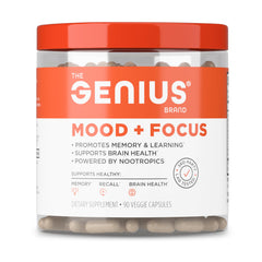 The Genius Brand bote frontal de Genius Mood+Focus mostrando 90 cápsulas y diseño claro