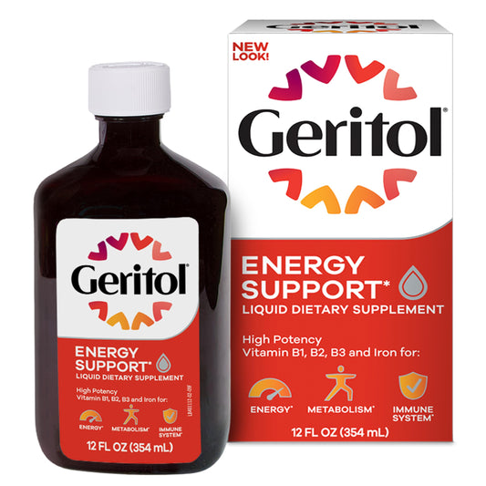 Geritol frasco frente mostrando la marca y beneficio de energía inmediata