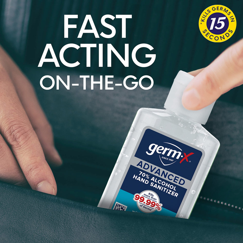 Germ-X gel textura close-up, muestra consistencia no pegajosa y absorción rápida