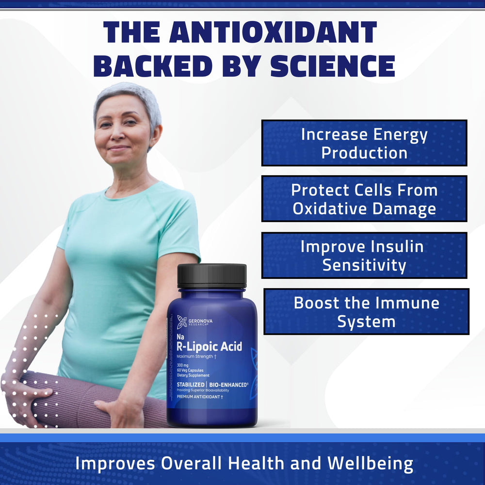Caja exterior de Geronova Research R-Lipoico bio-mejorado, información clara de contenido