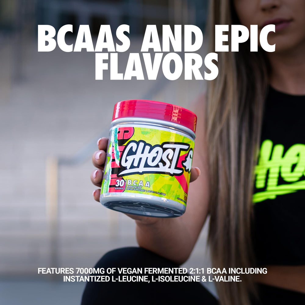 Detalle del polvo GHOST BCAA Lemon Crush mostrando textura fina y mezclabilidad