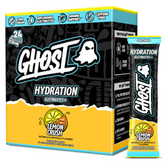 GHOST empaque frontal mostrando 24 sobres y beneficio hidratación instantánea