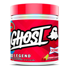 GHOST Legend frontal del envase mostrando sabor Sonic Cherry Limeade y beneficios