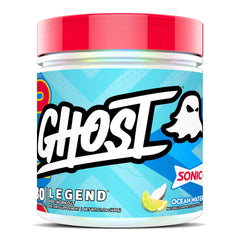 GHOST Legend frente del envase mostrando 30 servicios y sabor Sonic Ocean Water para energía