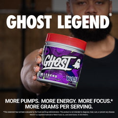 Polvo morado GHOST Legend textura real que facilita mezcla y sabor Welch's Grape