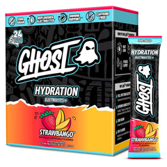 GHOST empaque frontal Strawbango mostrando 24 sobres y claridad de ingredientes