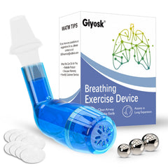 Giyosk vista frontal del dispositivo azul mostrando diseño compacto y beneficios portátiles