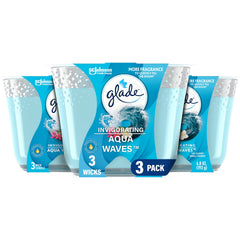 Vela Glade Aqua Waves frente del envase mostrando diseño y beneficio aromático