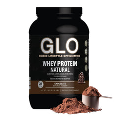 Envase GLO Cold-Processed Whey Protein chocolate vista frontal mostrando rendimiento