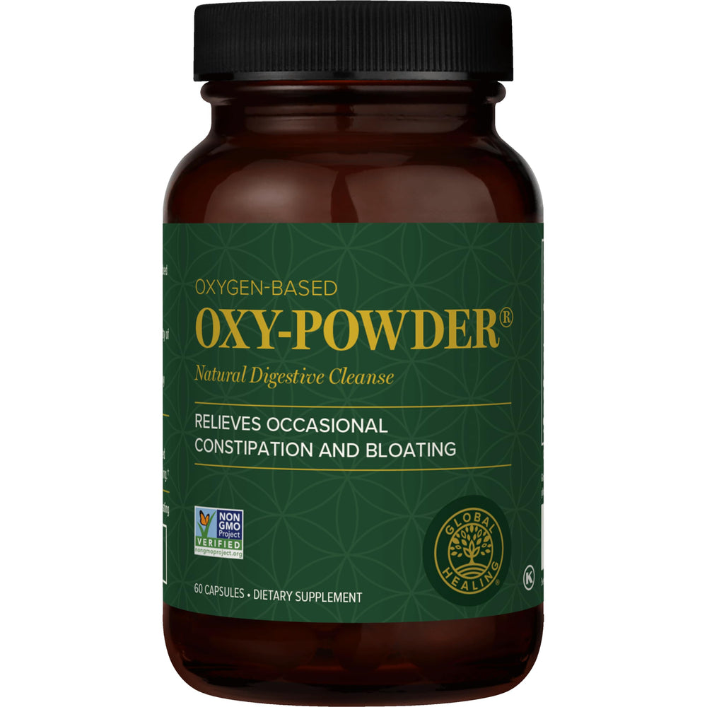 Global Healing Center Oxy Powder frasco frontal mostrando presentación y uso