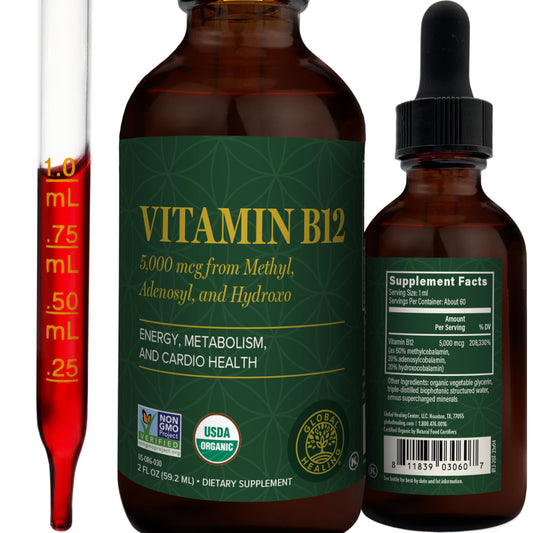 Global Healing Center frasco frontal de Vitamin B12 5000mcg con diseño claro y beneficios