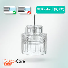 GLUCO-CARE primer plano de puntas 32G x 4mm mostrando perfil delgado